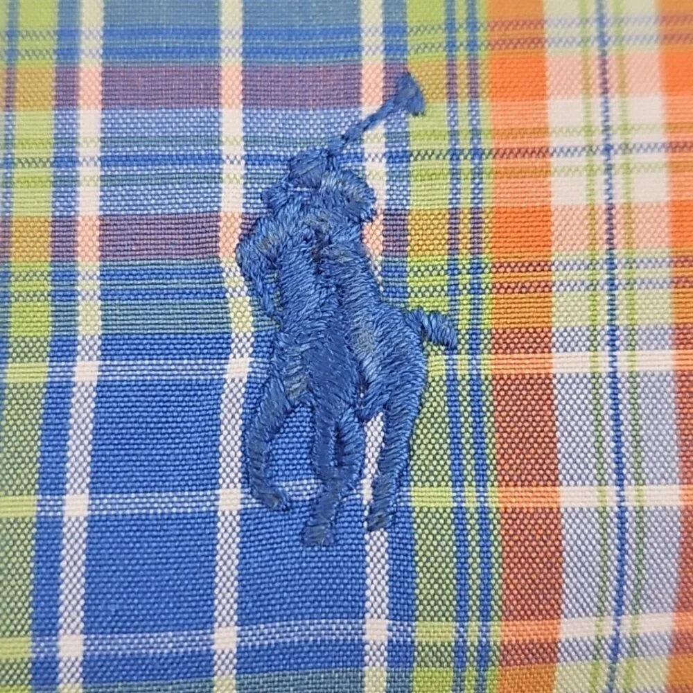 Ralph Lauren Classic Fit Shirt Men's 17 1/2 - 34/35 Blue Orange Plaid EUC Luxe‎